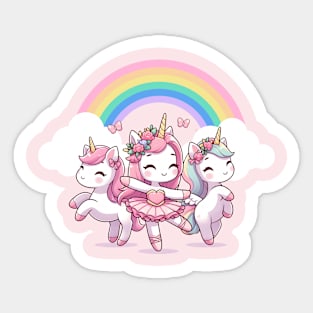 Cute Ballerina Unicorns Dancing Under A Rainbow Sticker